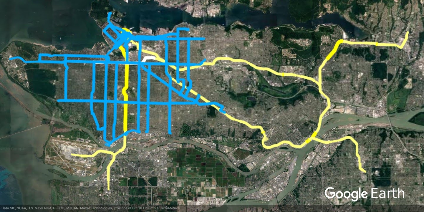 Greater Vancouver - przykład wyglądu nakładek w Google Earth - powiększ obraz