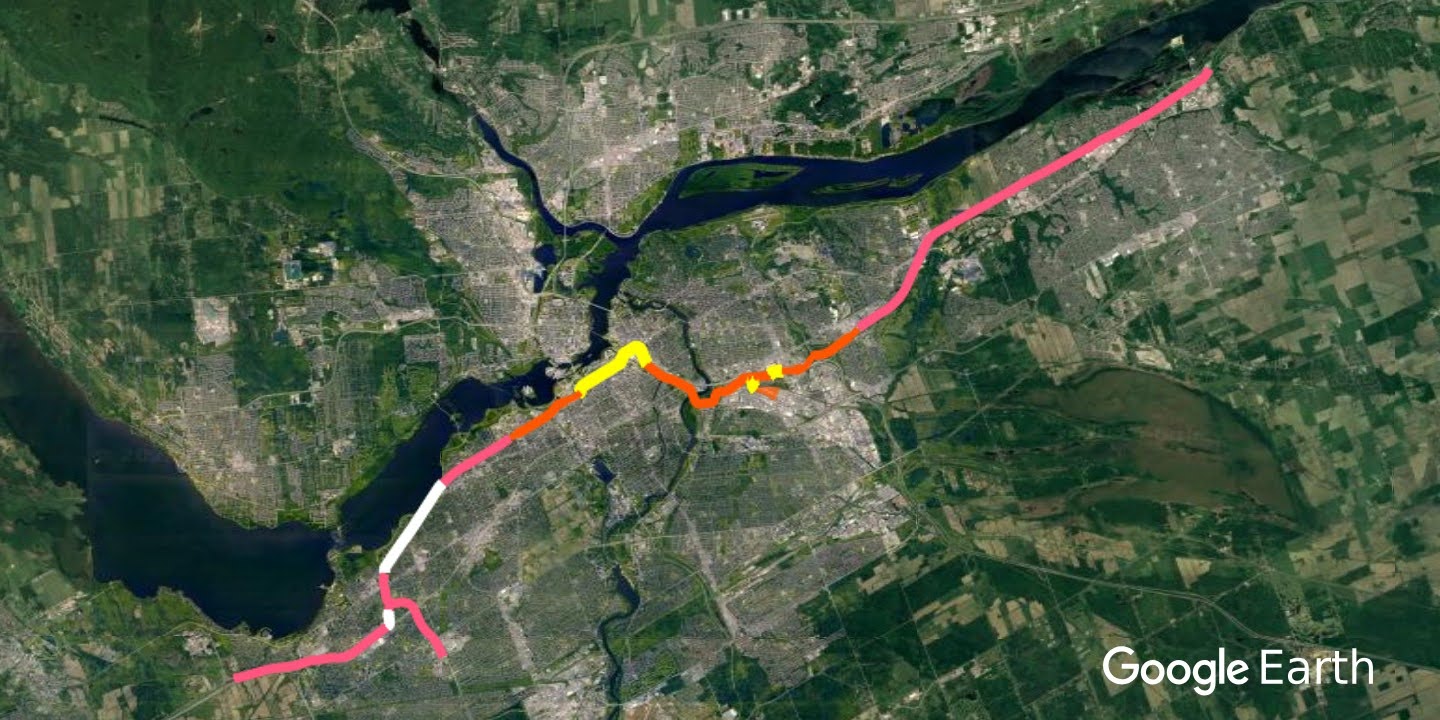 Ottawa aglomeracja - przykład wyglądu nakładek w Google Earth - powiększ obraz