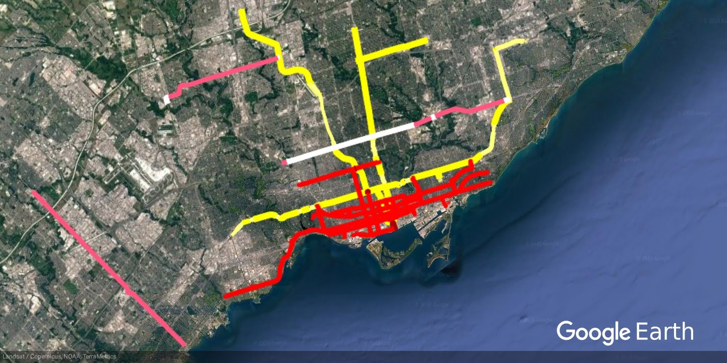 Toronto aglomeracja - przykład wyglądu nakładek w Google Earth - powiększ obraz