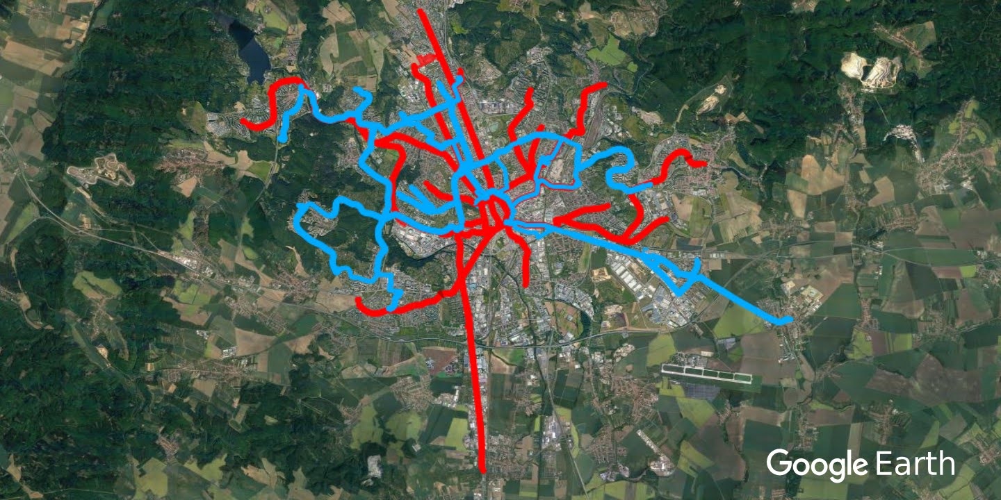 Brno - przykład wyglądu nakładek w Google Earth - powiększ obraz